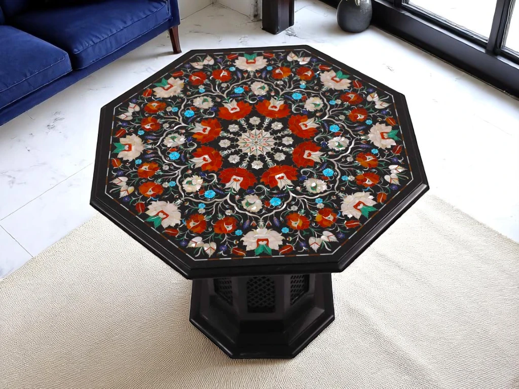 Black Marble Side Table with Floral Multi Gemstone Inlay Design